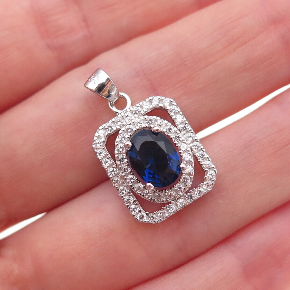 925 Sterling Silver Blue & White C Z Charm Pendant